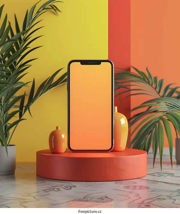 Mobile Phone Mockup with Tropical Plants and Colorful Background