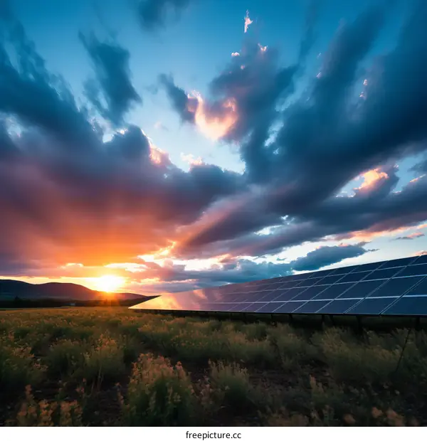 A large solar farm in a rural field at sunset