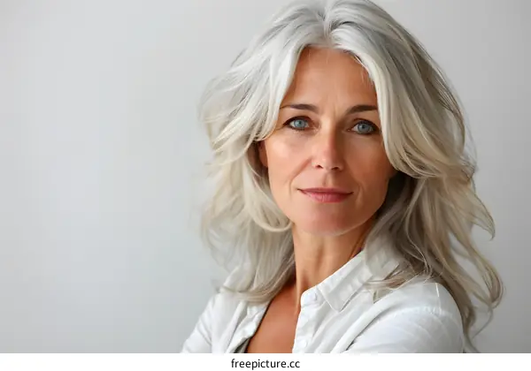 Portrait of a Senior Woman with White Hair and Blue Eyes