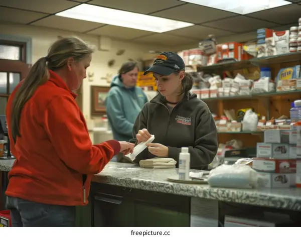 Woman in red sweatshirt buying bandage from pharmacy