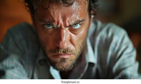 Close Up Portrait of a Sweaty Man with Intense Stare