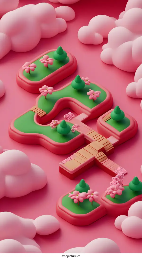 3D Illustration of a Pink and Green Park with Clouds
