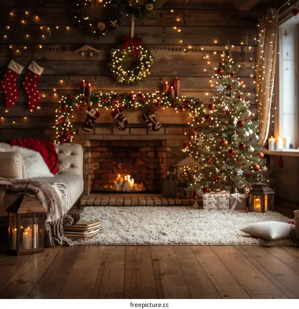 Cozy living room with fireplace decorated for Christmas