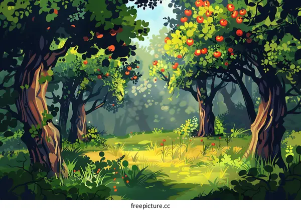 Summer Forest with Apple Trees Illustration