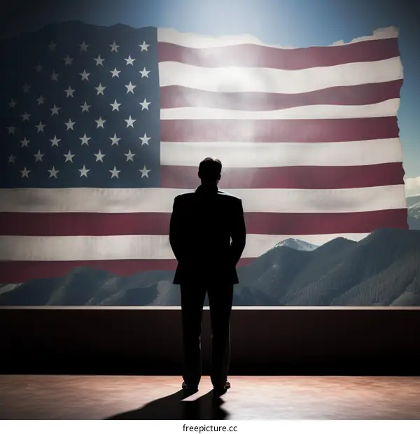 Businessman standing in front of American flag looking at mountains
