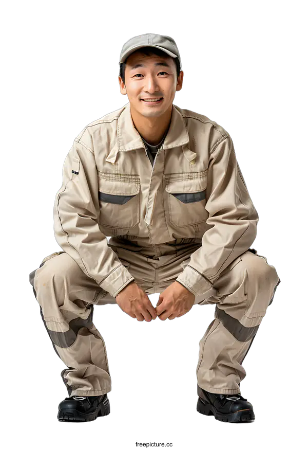[Transparent Background PNG]Portrait of a smiling Asian man in work clothes crouching