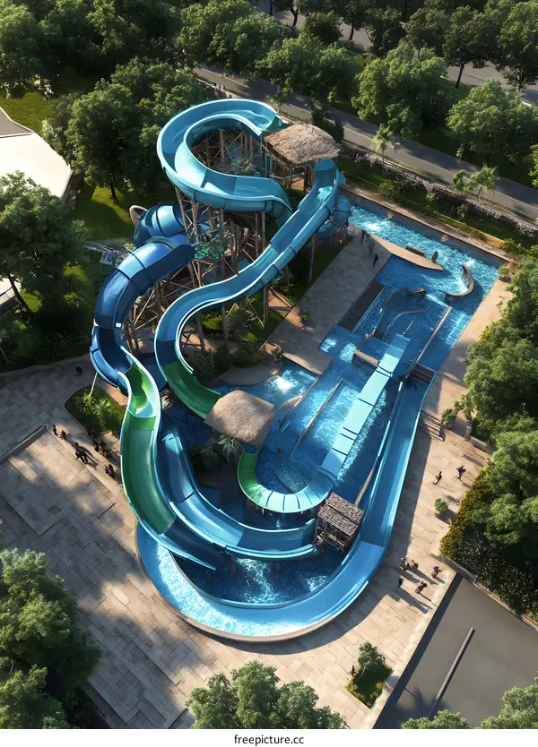 Aerial View of a Water Park with Multiple Slides and a Pool
