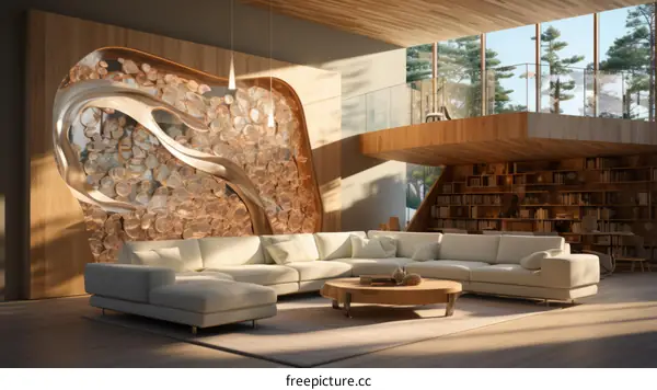 Modern Interior with Comfy Sofa, Stylish Coffee Table, Large Windows and Wooden Wall Art