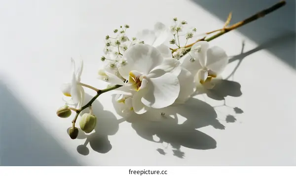 White Orchid Flowers with Delicate Petals and Small White Baby's Breath