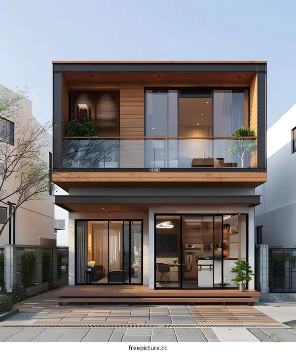 The design of a two-story house with a balcony and a large glass window