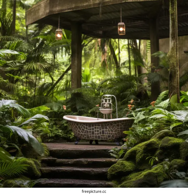 Luxury Bathtub Nestled in Lush Rainforest