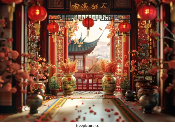 Chinese New Year Decorated Hallway Illustration