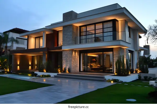 Modern House Exterior with Stone Facade and Lawn