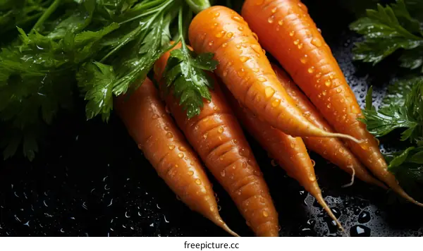 Fresh carrots with green leaves on a black background