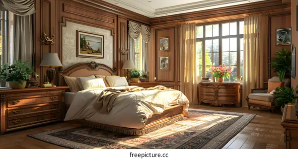 Lavish Wooden Furnished Bedroom With Natural Lighting and Scenic Views