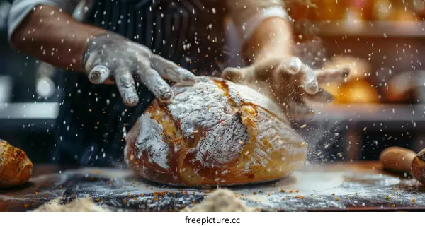 Baker sprinkles flour on a loaf of bread