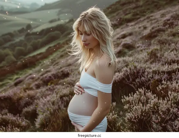 Caucasian Pregnant Woman in a White Dress Holding Belly in Nature