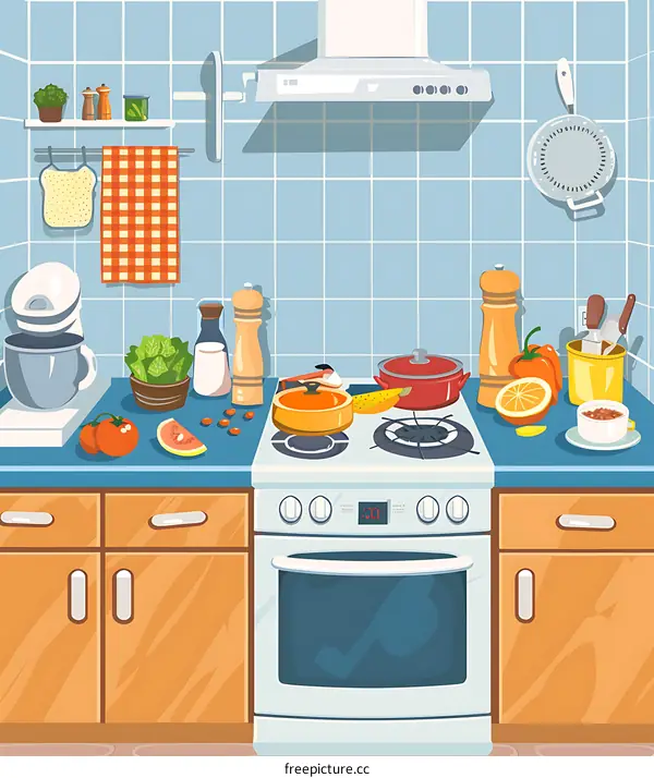 Kitchen Illustration with Stove and Food