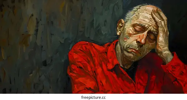 An old man wearing a red shirt is resting his head in his hand