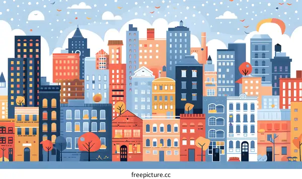 Cityscape Illustration With Buildings And Snow