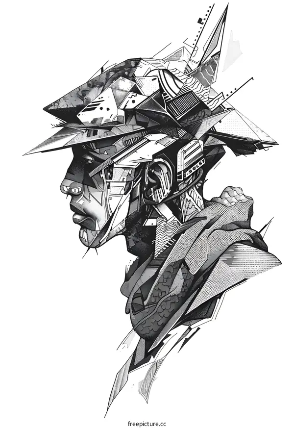 Black and white illustration of a person wearing a futuristic hat and scarf