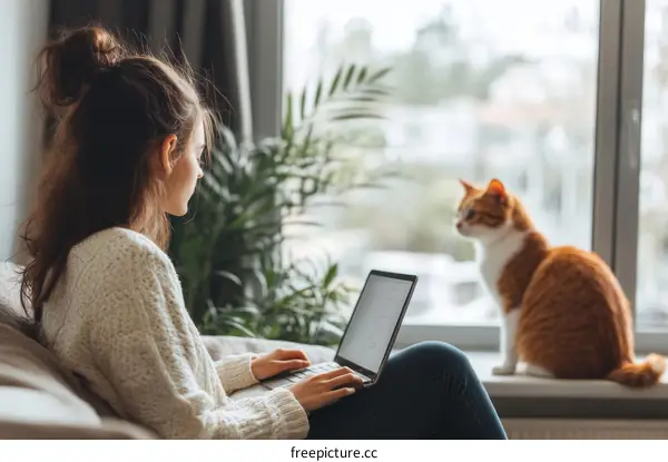 Woman Working on Laptop by Window with Cat