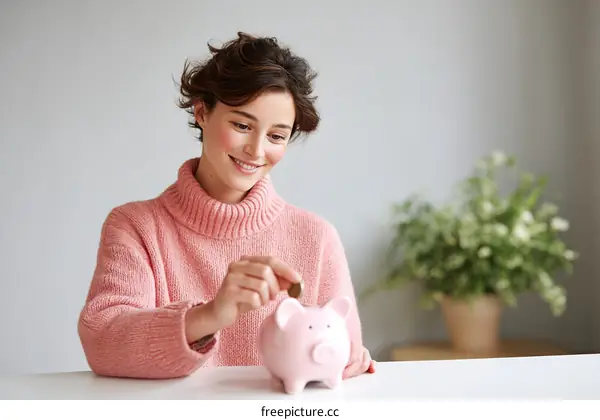 A Young Woman Putting Coin into Pink Piggy Bank