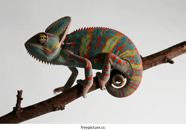 Colorful chameleon perched on a branch showing vibrant patterns