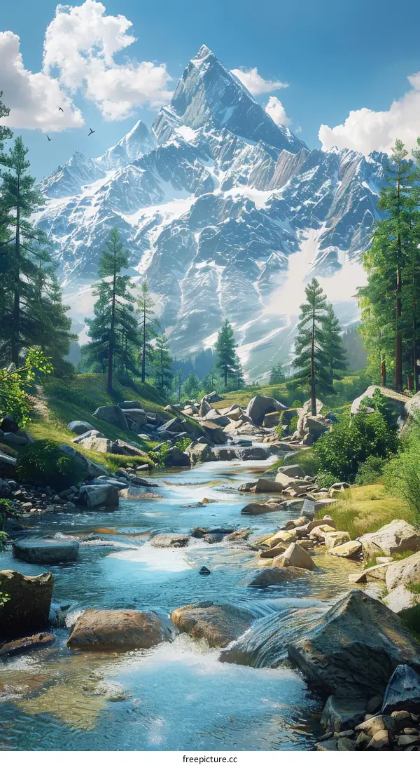 Mountain Stream Meandering Through Valley