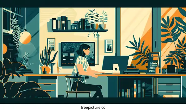 Woman Working at Home with Plants and Sunlight