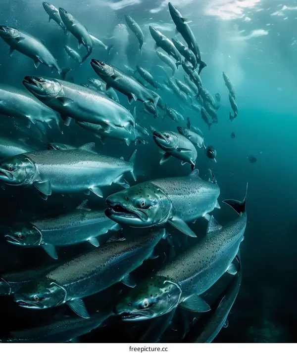 A large school of sockeye salmon swim underwater