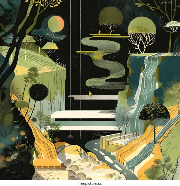 Abstract Landscape with Waterfall and Floating Platforms