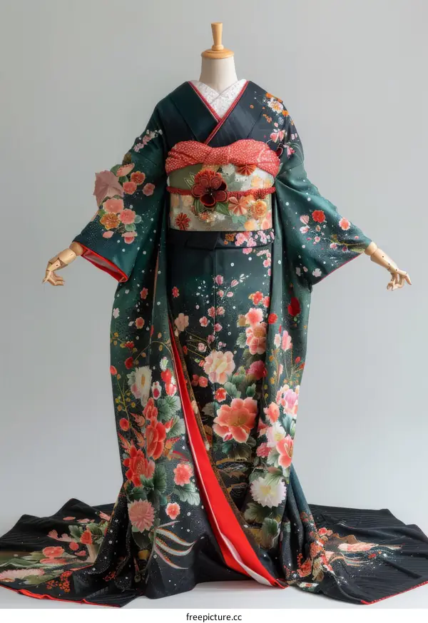 A kimono with a floral pattern and a red obi.