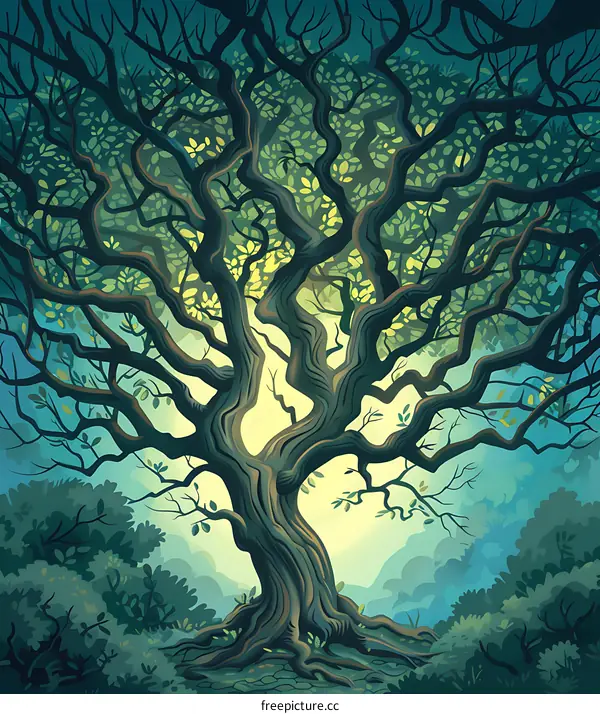 Large Oak Tree Illustration With Green Leaves