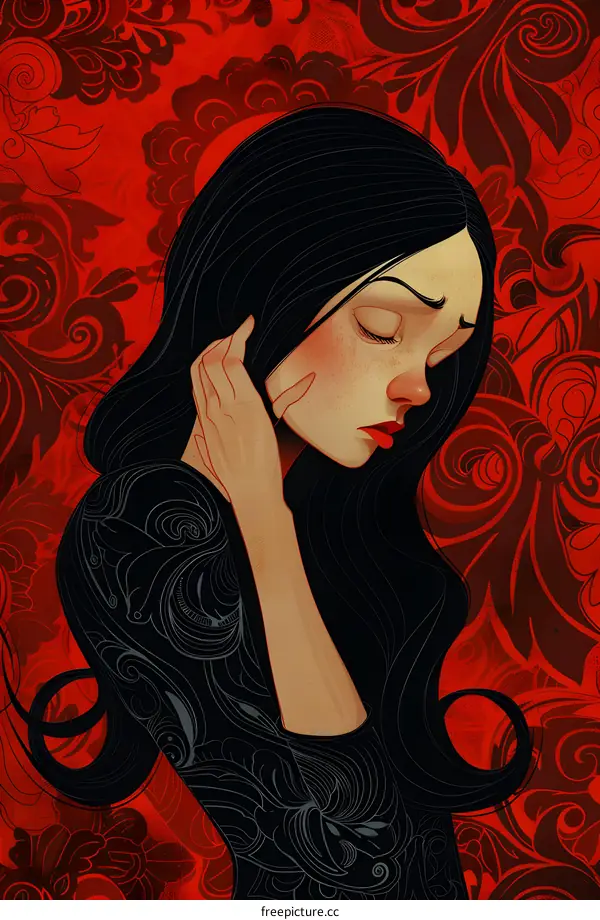 A digital painting of a woman with long black hair and red lips. She is wearing a black dress with a red floral pattern. The background is also red with a floral pattern.