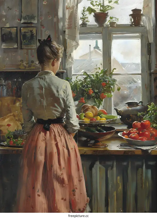 A woman is standing in the kitchen looking out the window