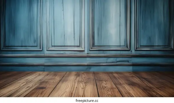 Blue Wooden Wall Paneling Combined with Brown Wooden Floor