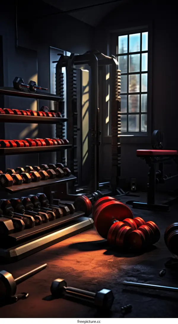A dark and moody home gym with red weights and barbells