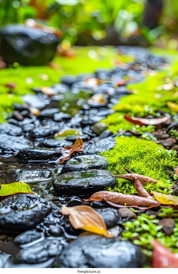 Wet Stones And Green Moss Path