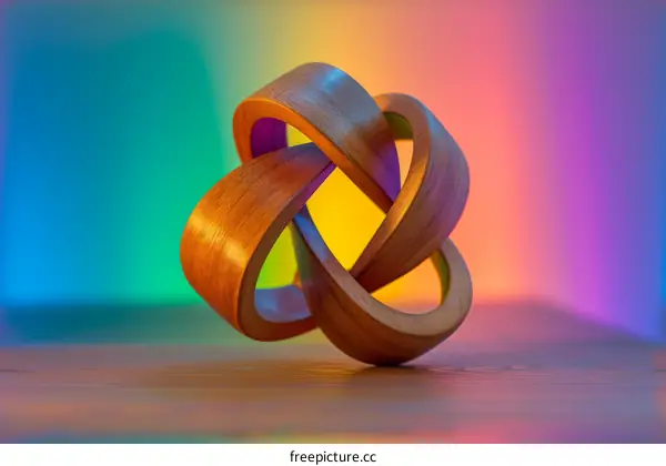 Wooden sculpture resembling a trefoil knot with a colorful background