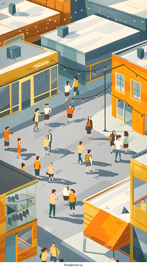 Illustration of City Street with People Walking and Shopping