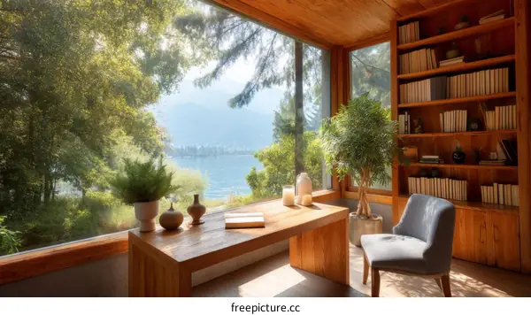 Cozy Lakeside Reading Nook with Wooden Furnishings