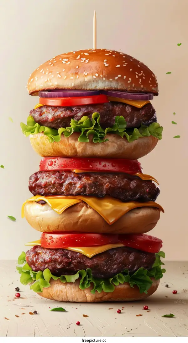 Triple-Decker Cheeseburger with Lettuce, Tomato, and Onion