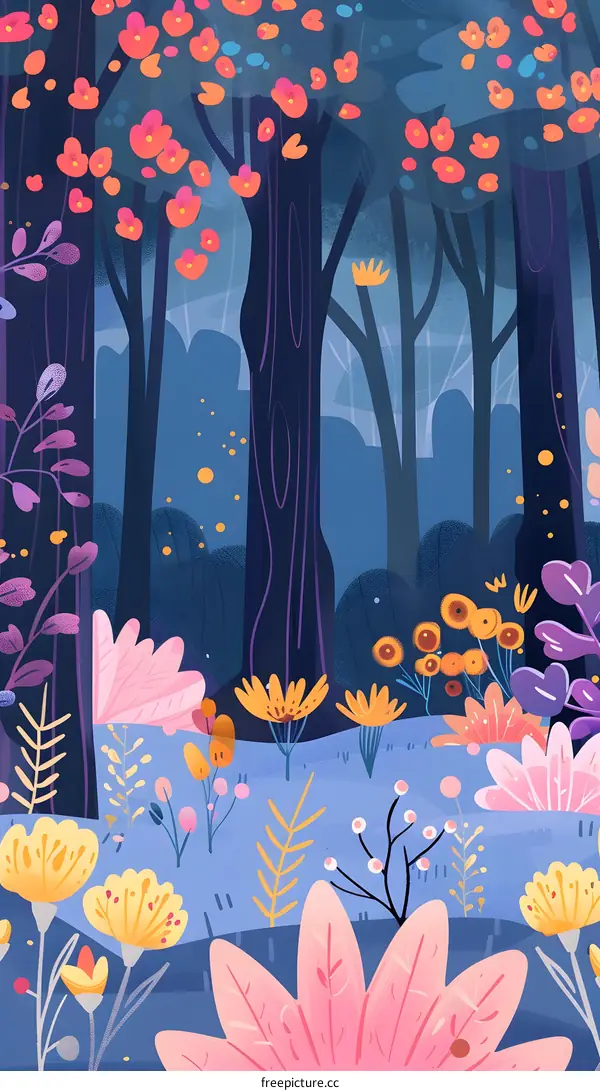 Colorful Illustration of a Forest with Flowers
