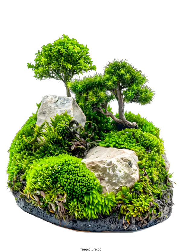 [Transparent Background PNG]Miniature Bonsai Trees in a Green Moss Garden