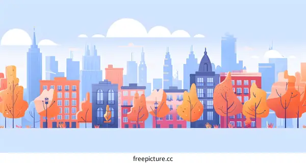 Autumn Cityscape with Colorful Buildings and Trees