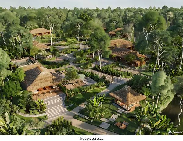 Tropical Resort Design with Lush Greenery and Wooden Cabins