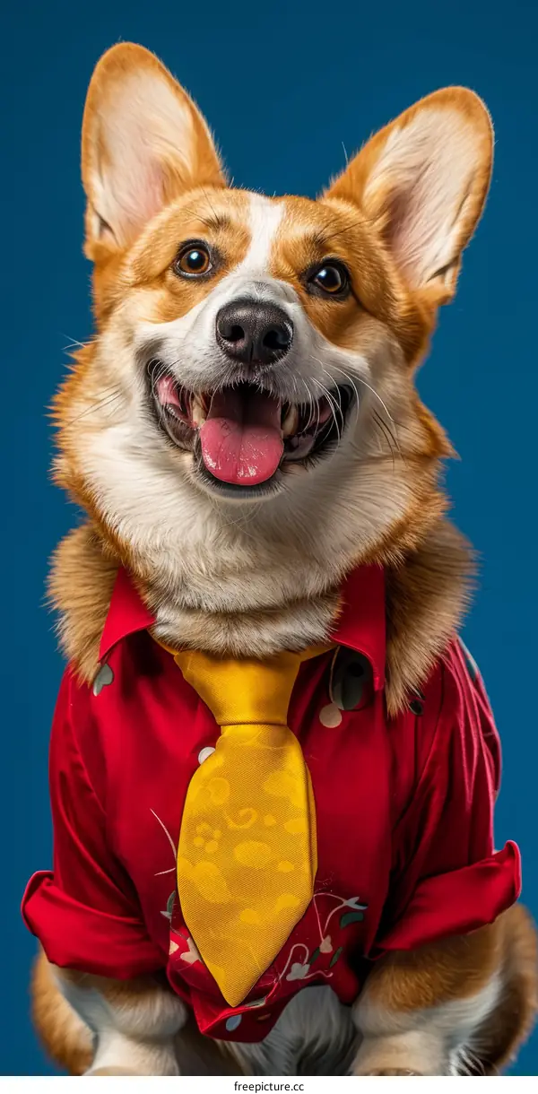 A cute corgi dog wearing a red shirt and yellow tie