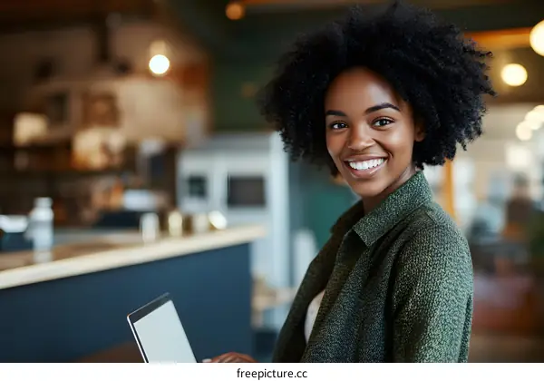 Smiling African American Woman Working On Laptop In Cafe