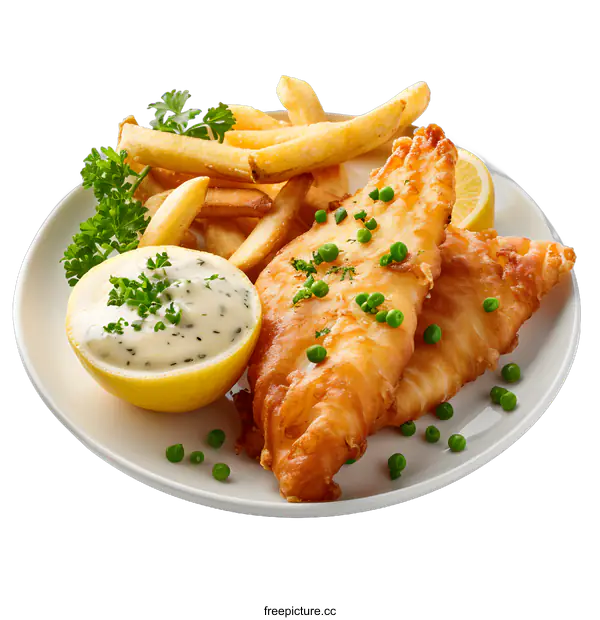 [Transparent Background PNG]Fish and chips with lemon and parsley